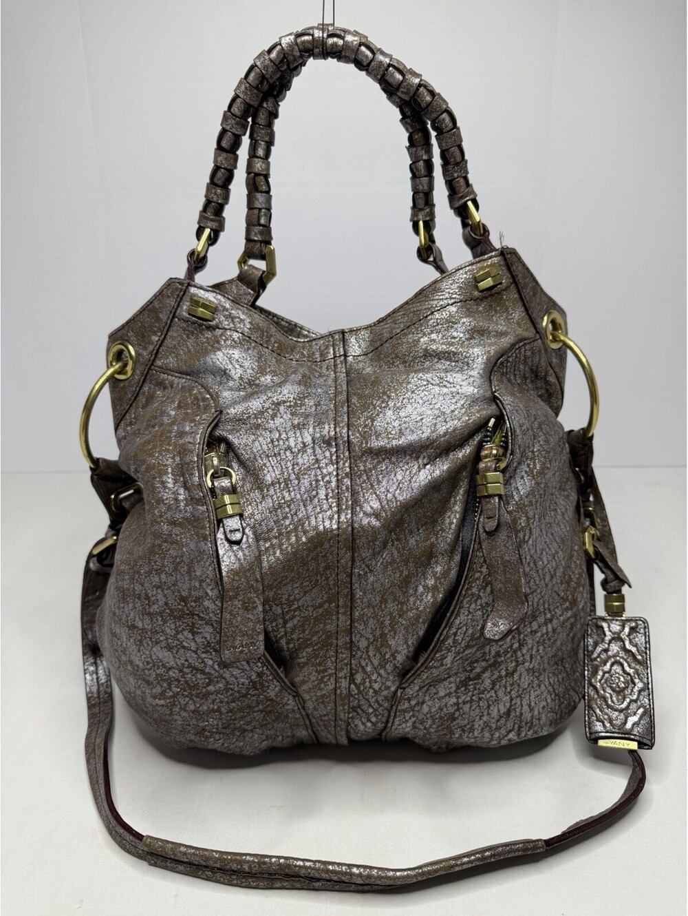 Oryany  Metallic Silver Pebble Leather Double Braided  Strap Hobo Purse P64